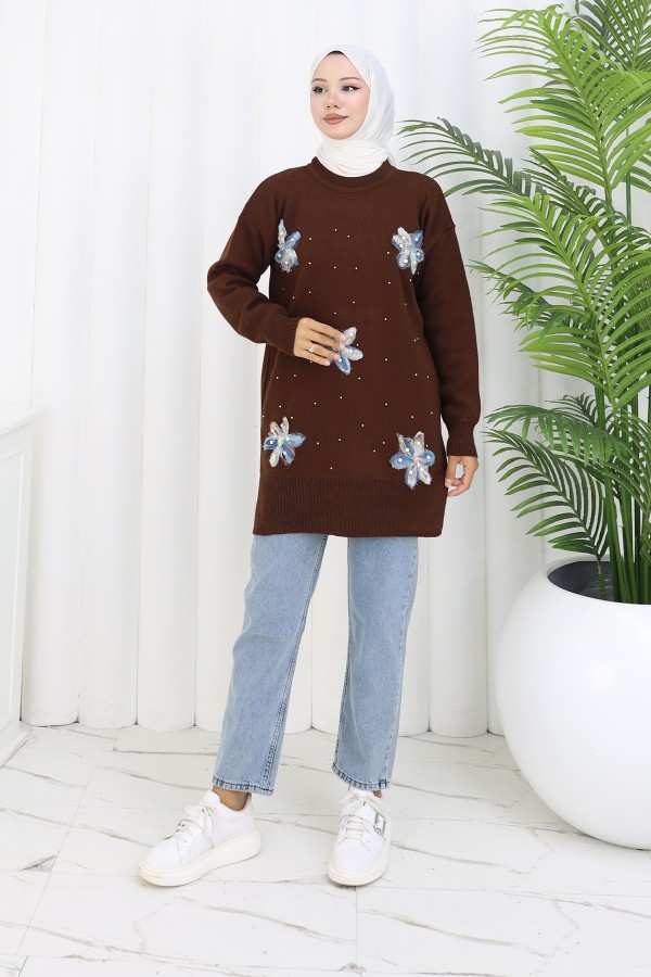 Çiçekli Triko Tunik S3010 Kahverengi