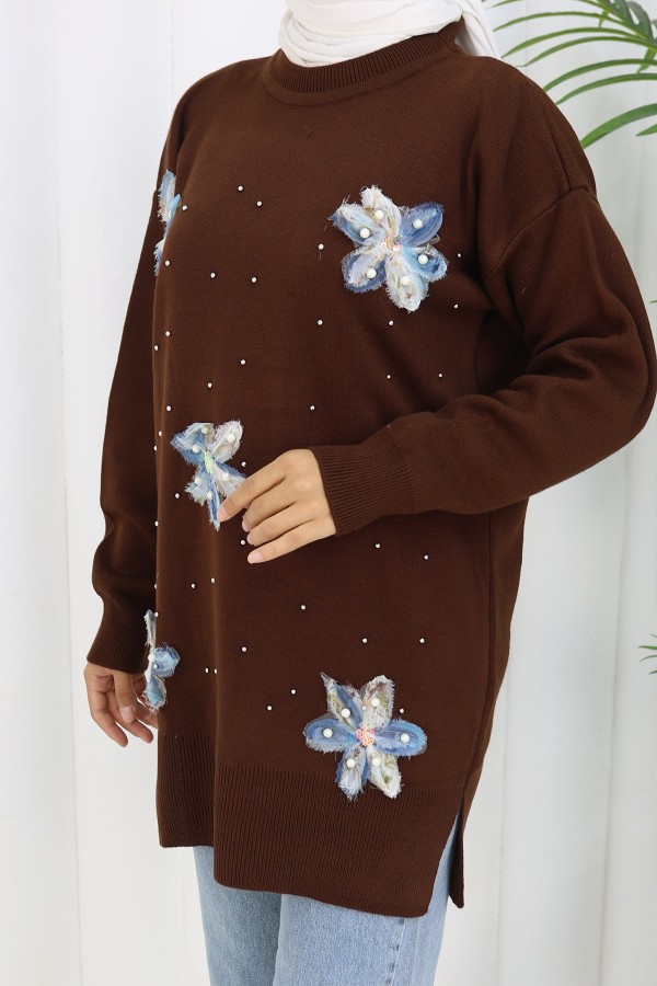 Çiçekli Triko Tunik S3010 Kahverengi Çiçekli Triko Tunik S3010 Kahverengi