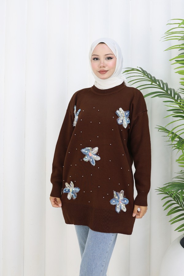 Çiçekli Triko Tunik S3010 Kahverengi