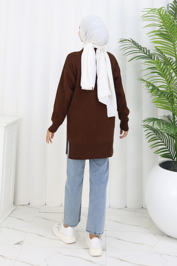 Çiçekli Triko Tunik S3010 Kahverengi