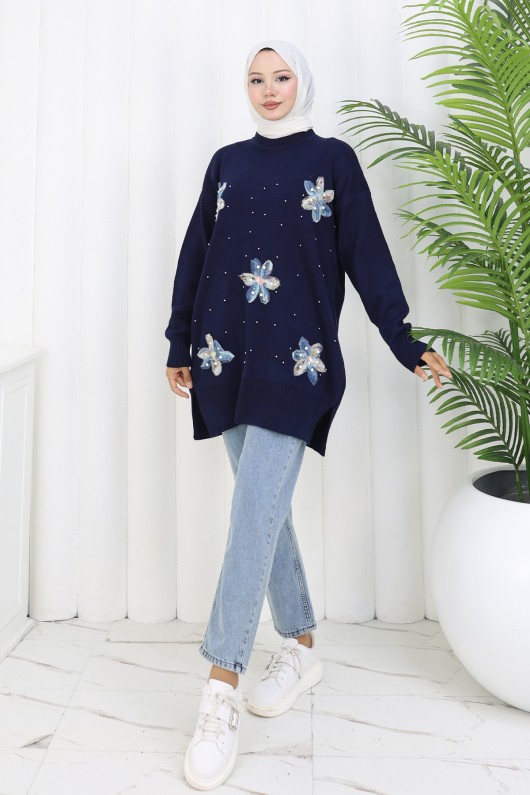 Çiçekli Triko Tunik S3010 Lacivert Çiçekli Triko Tunik S3010 Lacivert