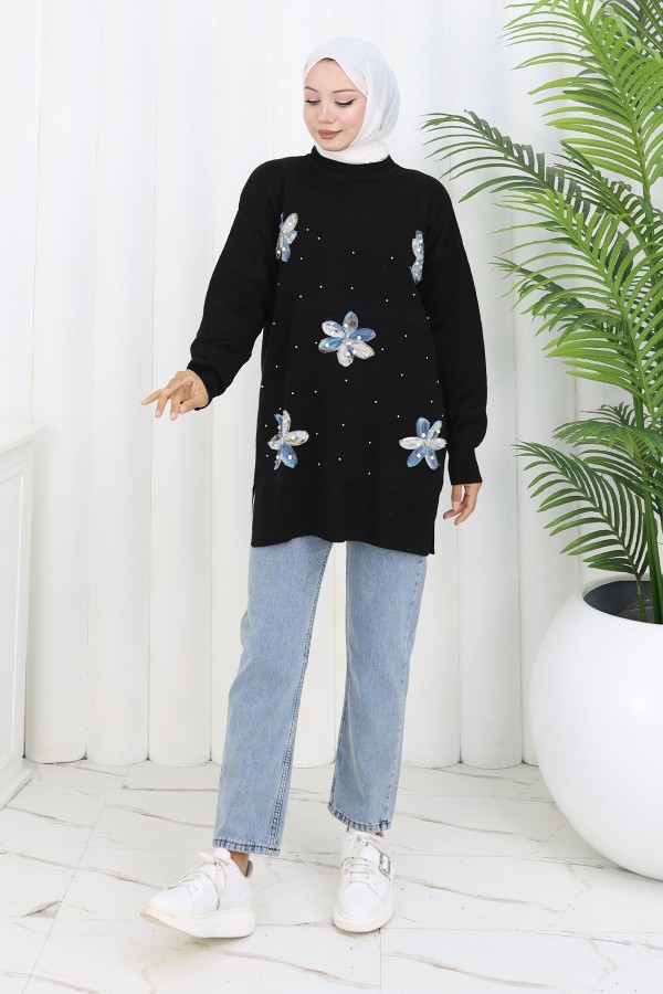 Çiçekli Triko Tunik S3010 Siyah Çiçekli Triko Tunik S3010 Siyah