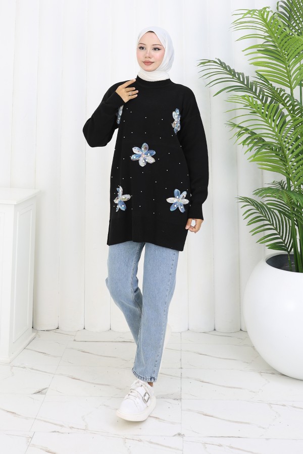 Çiçekli Triko Tunik S3010 Siyah Çiçekli Triko Tunik S3010 Siyah
