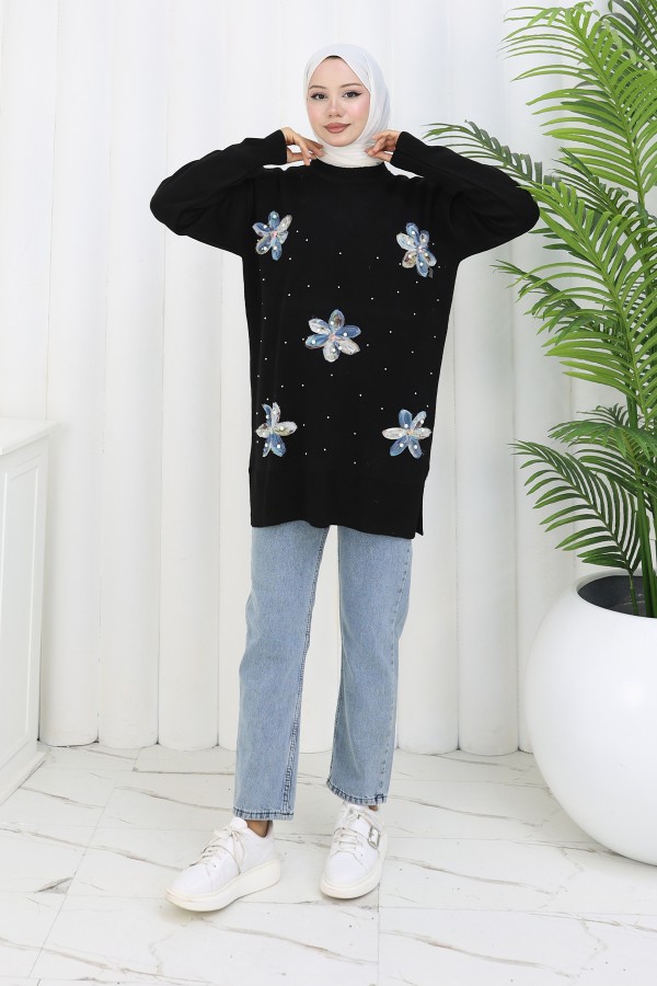 Çiçekli Triko Tunik S3010 Siyah Çiçekli Triko Tunik S3010 Siyah