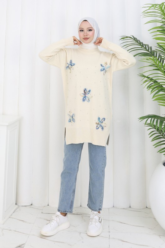 Çiçekli Triko Tunik S3010 Taş Rengi Çiçekli Triko Tunik S3010 Taş Rengi