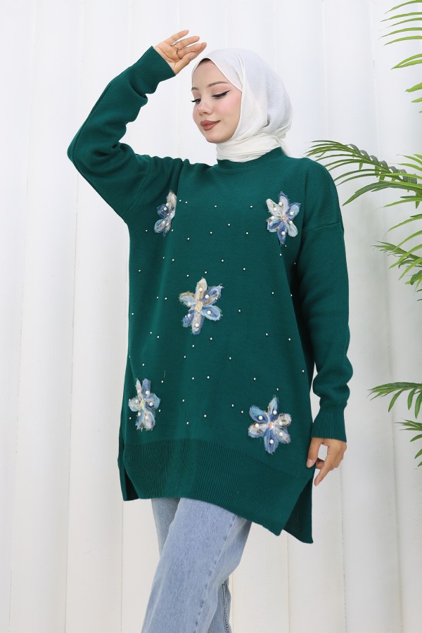 Çiçekli Triko Tunik S3010 Zümrüt Yeşili Çiçekli Triko Tunik S3010 Zümrüt Yeşili