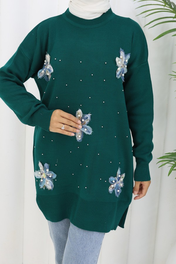 Çiçekli Triko Tunik S3010 Zümrüt Yeşili Çiçekli Triko Tunik S3010 Zümrüt Yeşili