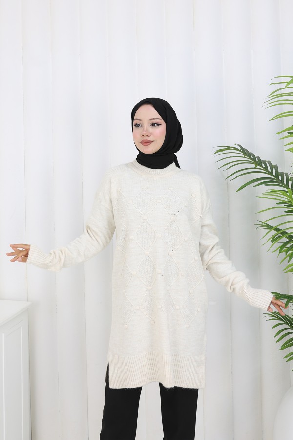 Desenli Triko Tunik S3027 Taş Rengi