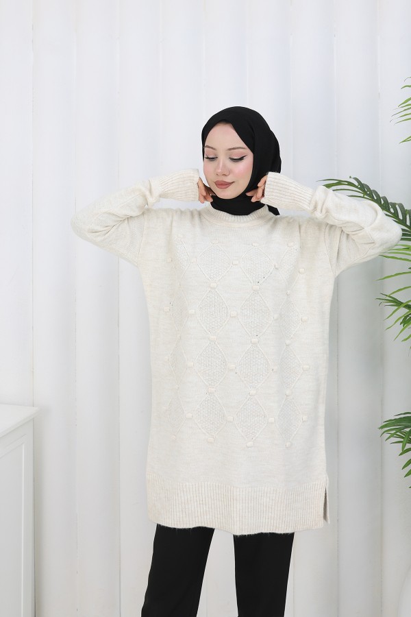 Desenli Triko Tunik S3027 Taş Rengi
