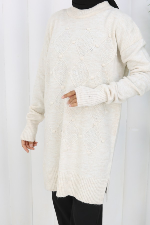 Desenli Triko Tunik S3027 Taş Rengi