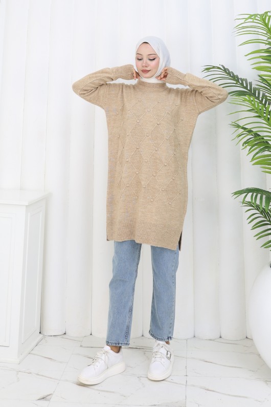 Desenli Triko Tunik S3027 Vizon Desenli Triko Tunik S3027 Vizon