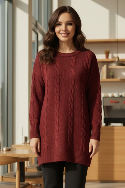 Örgülü Triko Kazak K6005 Bordo Örgülü Triko Kazak K6005 Bordo