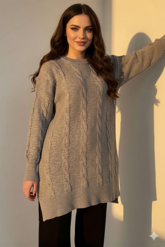 Örgülü Triko Kazak K6005 Gri Örgülü Triko Kazak K6005 Gri