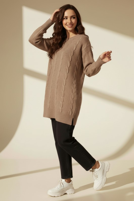 Örgülü Triko Kazak K6005 Vizon Örgülü Triko Kazak K6005 Vizon