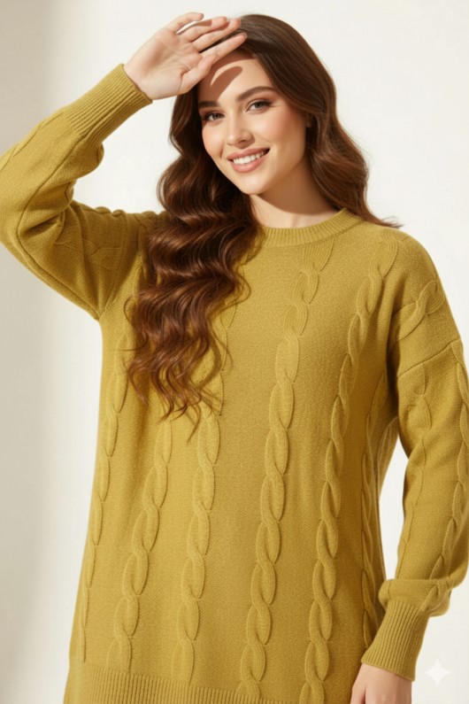 Örgülü Triko Kazak K6005 Yağ Yeşili Örgülü Triko Kazak K6005 Yağ Yeşili