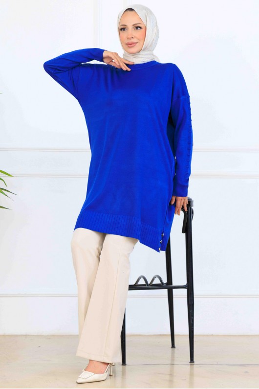 Kolu Desenli Merserize Tunik K5012 Saks Mavisi