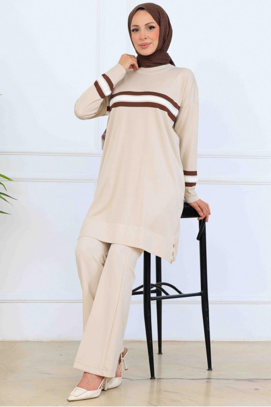 Şerit Detaylı Merserize Tunik K5020 Bej