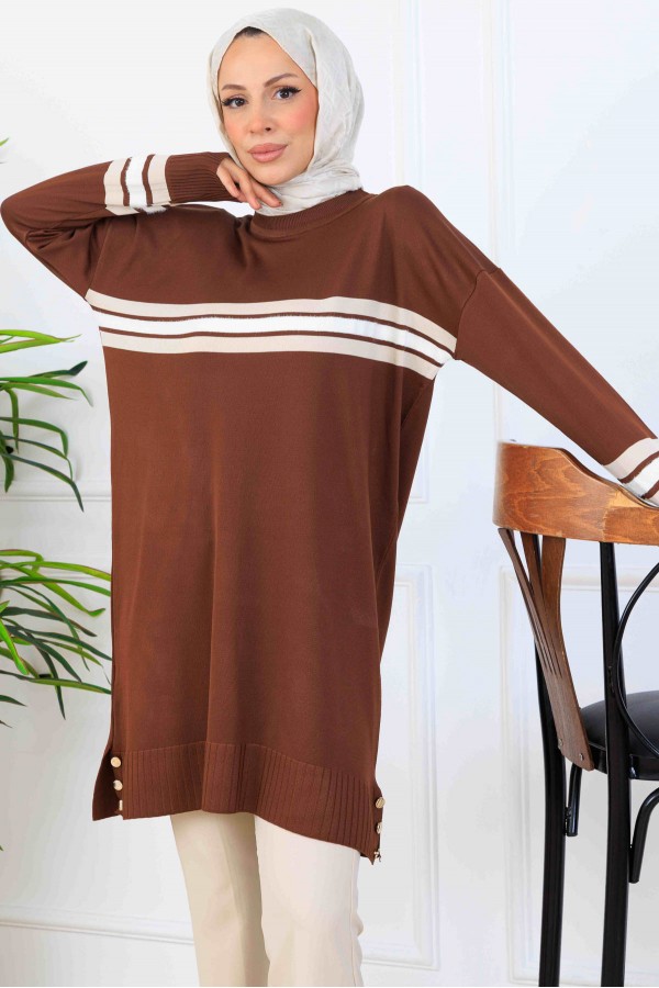 Şerit Detaylı Merserize Tunik K5020 Kahverengi