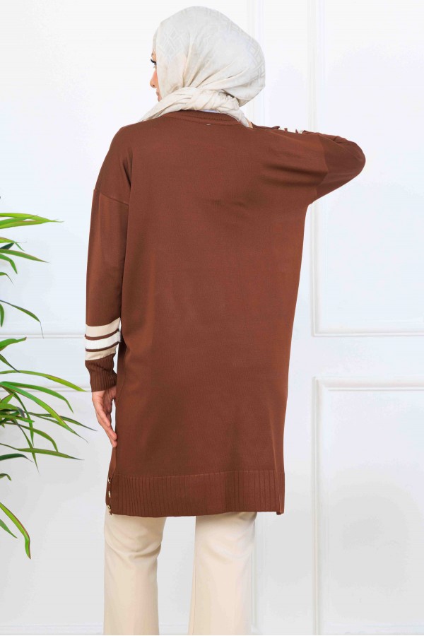 Şerit Detaylı Merserize Tunik K5020 Kahverengi