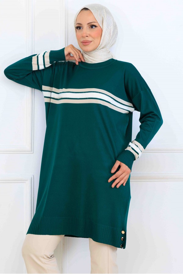 Şerit Detaylı Merserize Tunik K5020 Zümrüt Yeşili