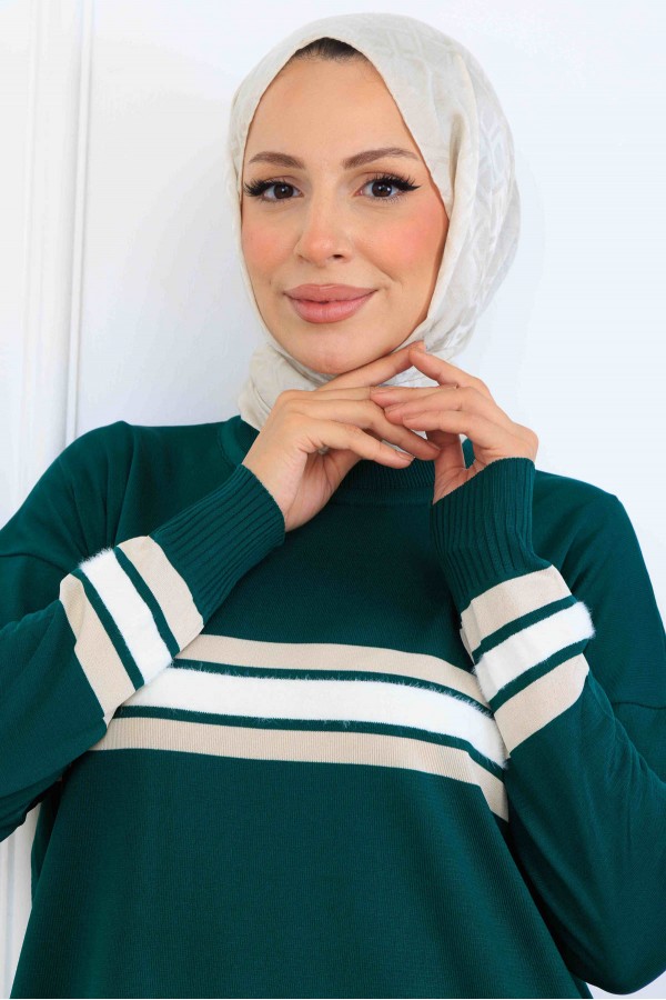 Şerit Detaylı Merserize Tunik K5020 Zümrüt Yeşili