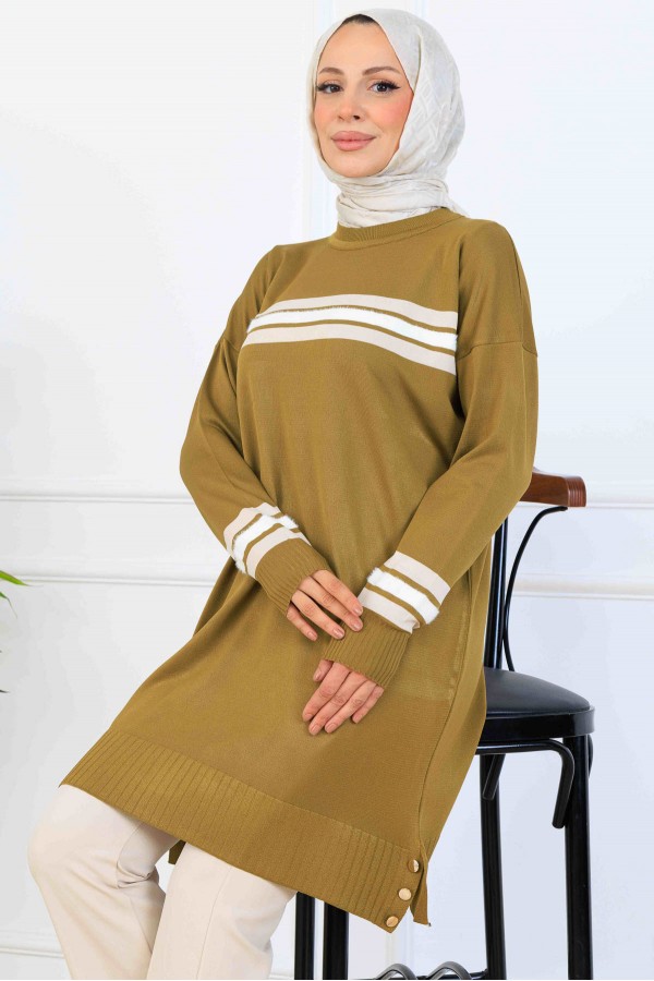 Şerit Detaylı Merserize Tunik K5020 Yağ Yeşili