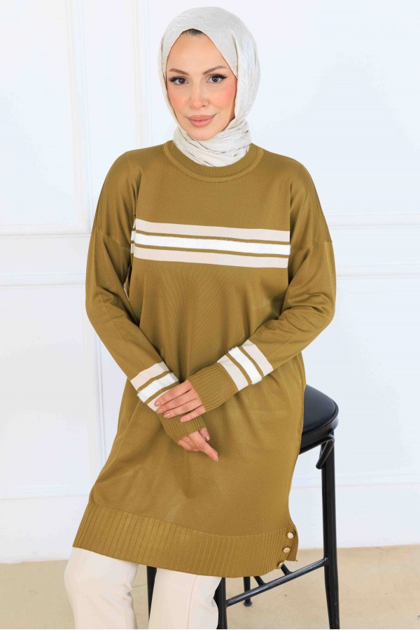 Şerit Detaylı Merserize Tunik K5020 Yağ Yeşili