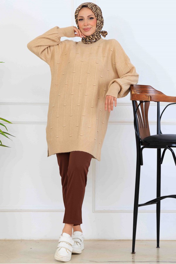 Desenli Triko Tunik K6003 Bej Desenli Triko Tunik K6003 Bej
