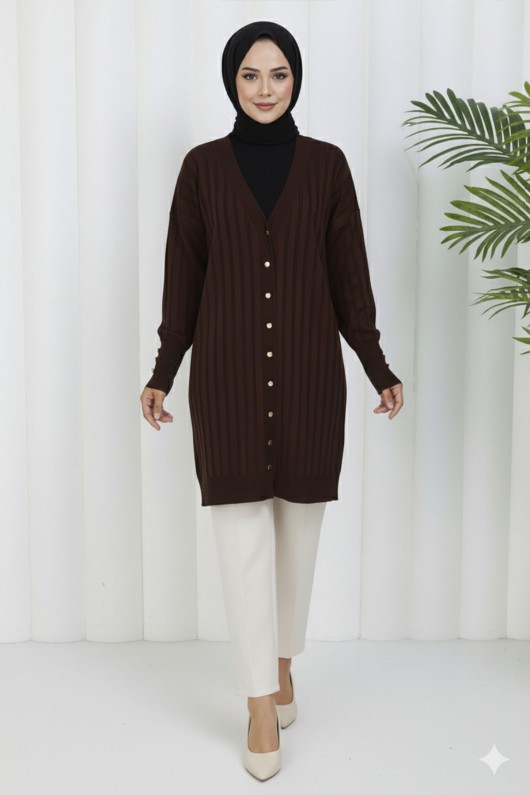 Kendinden Çizgili Uzun Merserize Hırka N3179 Kahverengi