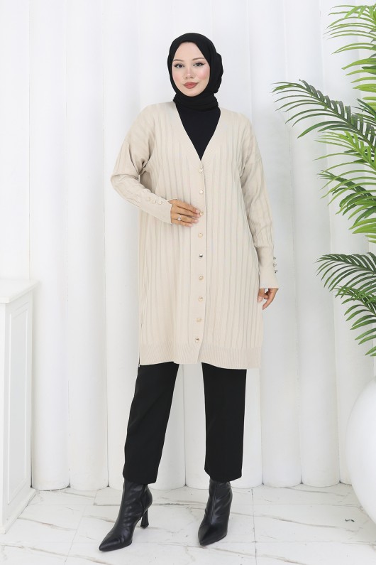 Kendinden Çizgili Uzun Merserize Hırka N3179 Taş Rengi