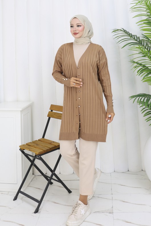 Kendinden Çizgili Uzun Merserize Hırka N3179 Vizon