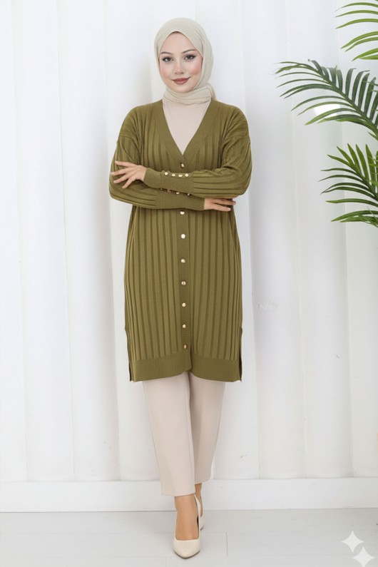 Kendinden Çizgili Uzun Merserize Hırka N3179 Yağ Yeşili