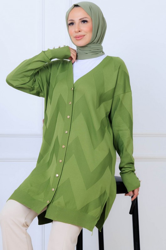 Desenli Uzun Merserize Hırka N3193 Fıstık Yeşili