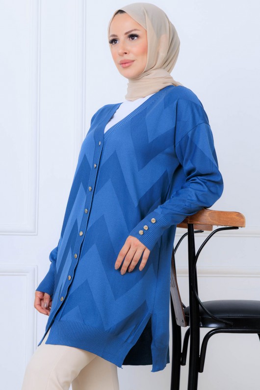 Desenli Uzun Merserize Hırka N3193 İndigo