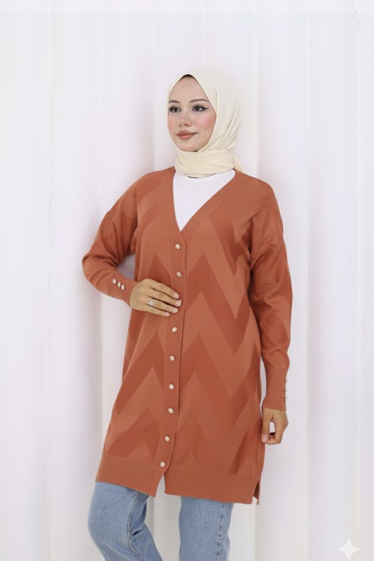 Desenli Uzun Merserize Hırka N3193 Kiremit