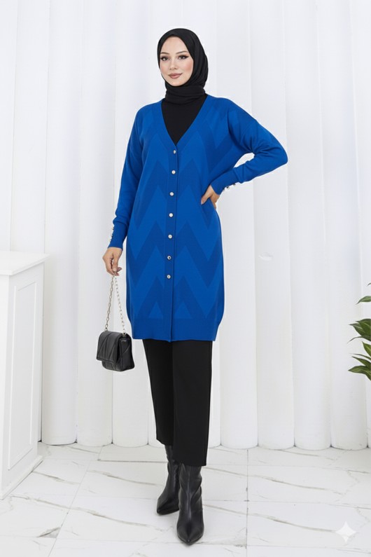 Desenli Uzun Merserize Hırka N3193 Saks Mavisi