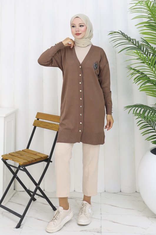 Yaka Detaylı Uzun Merserize Hırka N3260 Vizon Yaka Detaylı Uzun Merserize Hırka N3260 Vizon