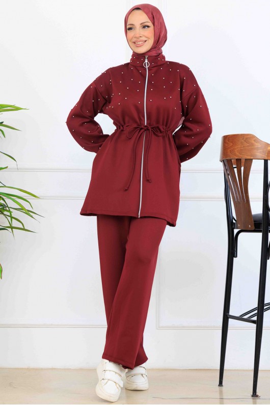 Boncuk Detaylı Scuba İkili Takım N5361 Bordo Boncuk Detaylı Scuba İkili Takım N5361 Bordo