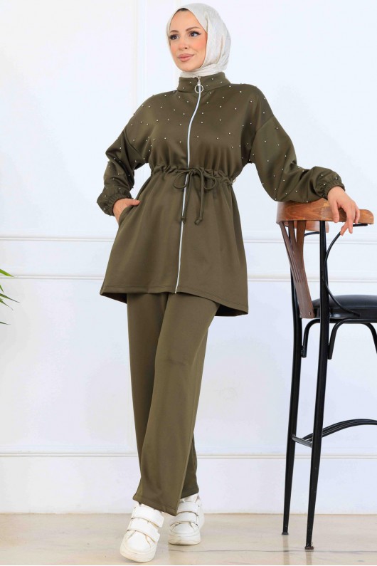 Boncuk Detaylı Scuba İkili Takım N5361 Haki Boncuk Detaylı Scuba İkili Takım N5361 Haki
