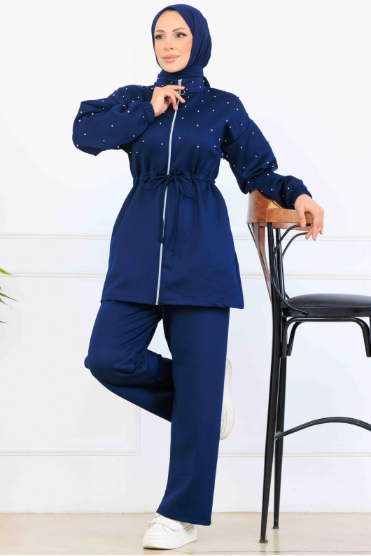Boncuk Detaylı Scuba İkili Takım N5361 Lacivert Boncuk Detaylı Scuba İkili Takım N5361 Lacivert