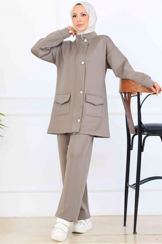 Boncuk Detaylı Scuba İkili Takım N5334 Vizon Boncuk Detaylı Scuba İkili Takım N5334 Vizon