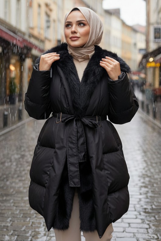 Kürk Detaylı Kemerli Mont O7183 Siyah