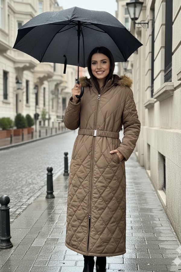 Parlak Kapitone Kemerli Uzun Mont O9153 Kahverengi