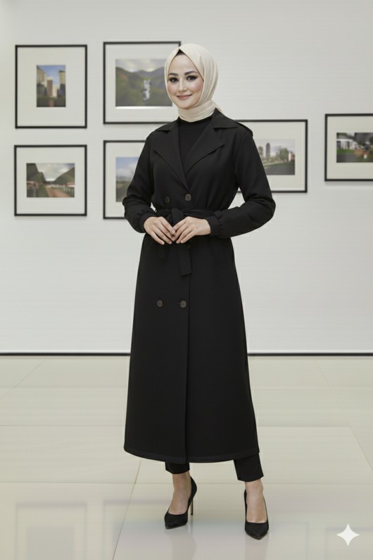 Mevsimlik Kuşaklı Trençkot 5854-1 Siyah