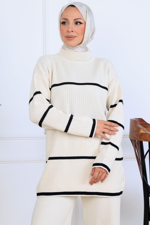Fitilli Çizgili Triko Takım H25301 Taş Rengi