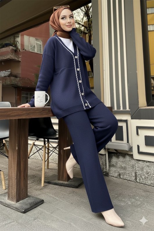Şerit Detaylı Triko Ceket Takım H25302 Lacivert Şerit Detaylı Triko Ceket Takım H25302 Lacivert