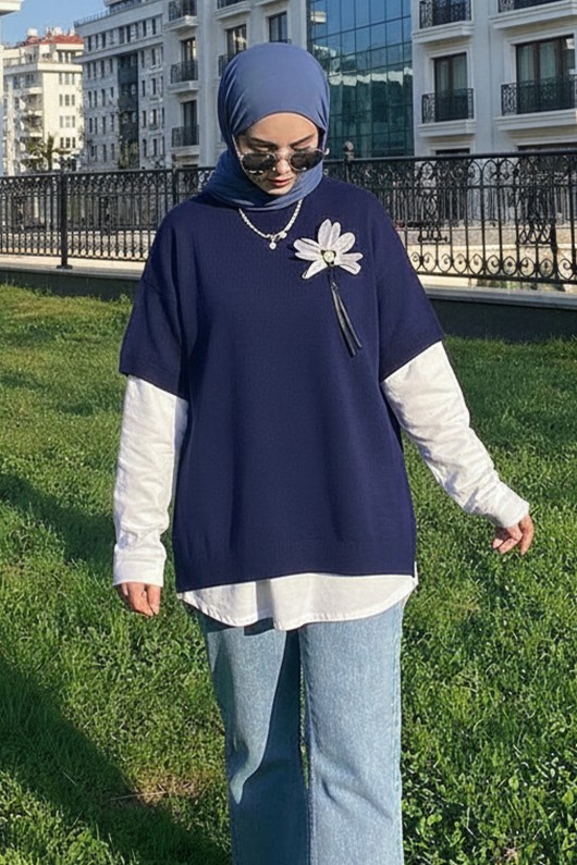 Fitilli Oversize Triko Süveter H25304 Lacivert