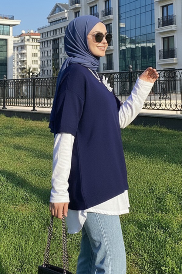 Fitilli Oversize Triko Süveter H25304 Lacivert