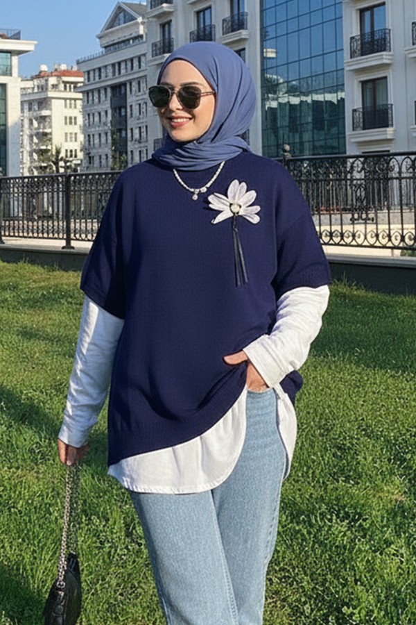 Fitilli Oversize Triko Süveter H25304 Lacivert