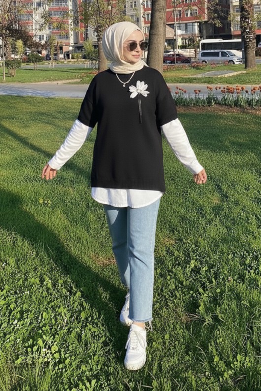 Fitilli Oversize Triko Süveter H25304 Siyah